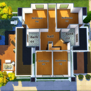 Plans d'étage maison jeu *Les Sims 4* avec 5 chambres et 2 salles de bain