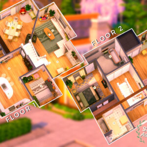 Plans des étages d'une maison dans *Les Sims 4* avec décoration.
