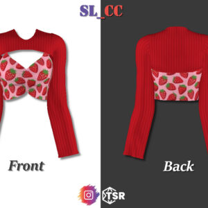 Haut rouge à motifs fraises pour Sims 4, vue devant et derrière