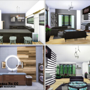 Intérieur moderne du jeu Sims 4 avec cuisine, salon, salle de bain et chambre.