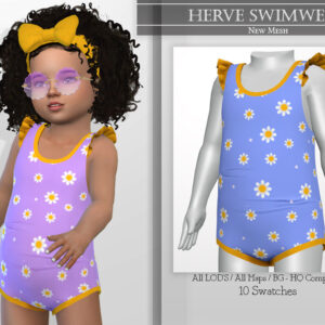 Maillot de bain floral pour enfant dans Sims 4, violet et jaune.