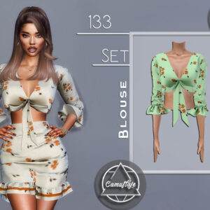 Robe floralée à nœud et manches bouffants pour Sims 4, style blouse, jeu vidéo.