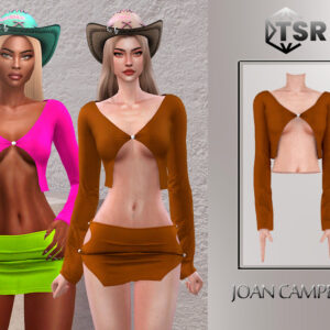 Vêtements Joan Campbell pour avatar féminin dans *Les Sims 4* : robe longue marron et combinaison rose-vert.