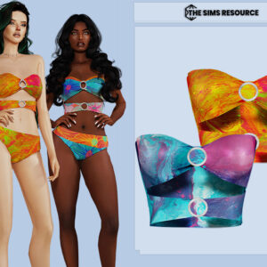 Maillots de bain colorés pour Sims 4, vue de face et détails.