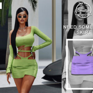 Robe courte verte à épaules longues pour le jeu Sims 4, avec vue de dos en camuflage.