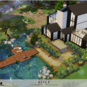Maison moderne du jeu *Les Sims 4* avec pont et lac.