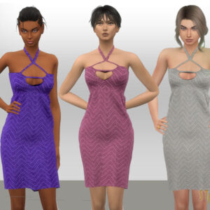 Trois robes du jeu Sims 4 en tissu à motifs.