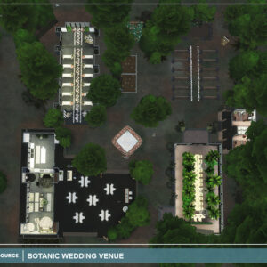 Vue aérienne d'un lieu de mariage botanique dans The Sims 4