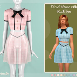 Chemisier à carreaux avec nœud noir pour Sims 4