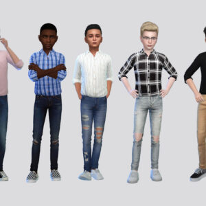 Cinq personnages du jeu Sims 4 en tenues variées