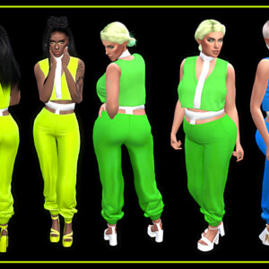 Tenues colorées style jumpsuit dans *Les Sims 4* avec modèles féminins