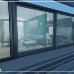 Salon moderne du jeu *Les Sims 4* avec vue extérieure