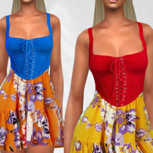 Robe corset Sims 4 bleu/orange et rouge/jaune à fleurs