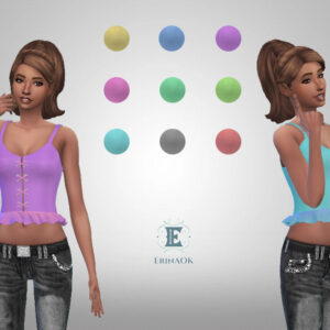 Deux avatars du jeu Sims 4 avec corsets colorés et pantalons à paillettes