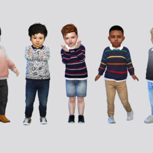 Cinq enfants virtuels dans Sims 4 avec poses variées