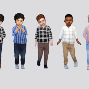 Cinq enfants virtuels habillés différemment dans *Les Sims 4*