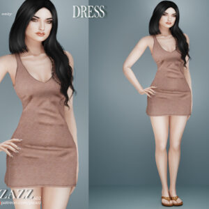 Robe courte beige pour avatar féminin dans *Les Sims 4*, vue de face et de profil.