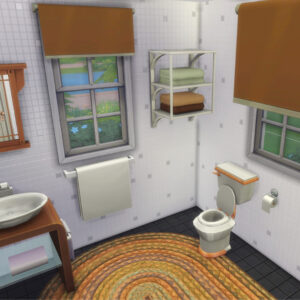 Salle de bain du jeu Sims 4 avec meuble sous vasque, toilettes et fenêtres.