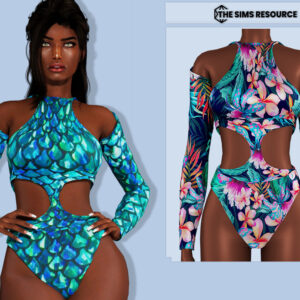 Maillot de bain coloré style Sims 4 avec motifs tropicaux