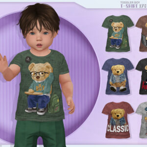 Enfant virtuel Sims 4 portant un t-shirt ours avec lunettes, collection de 8 modèles.