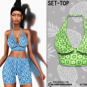 Haut de maillot de bain floral bleu et vert pour The Sims 4