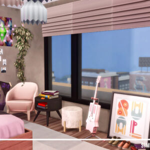 Chambre de jeu *Les Sims 4* avec décoration colorée et vue urbaine