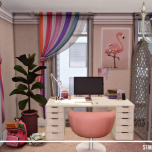 Bureau coloré du jeu Sims 4 avec plante, écran et chaise rose