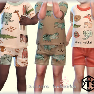 Combinaisons enfant thématiques safari pour *Les Sims 4*, 3 couleurs.