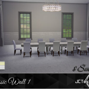 Salle à manger élégante du jeu Les Sims 4 avec 8 couleurs de mur proposées