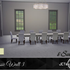 Salle à manger classique du jeu Les Sims 4 avec 8 échantillons de peinture murale.