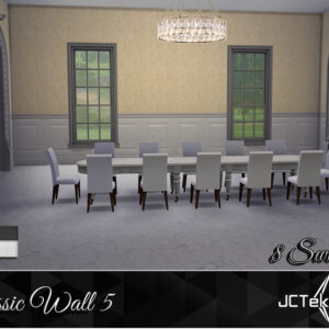 Salle à manger classique du jeu *Les Sims 4* avec 8 échantillons de peinture murale.