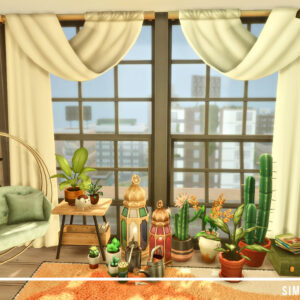 Salon de jeu *Les Sims 4* avec plantes et décoration lumineuse