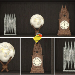 Montre ancienne, globe terrestre et structure métallique dans *Les Sims 4*