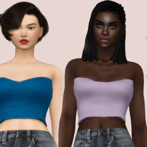 Deux avatars Sims 4 en bustiers et pantalons, styles différents.