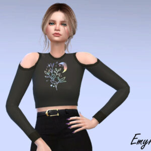 Jeune femme dans Sims 4 portant haut noir à manches longues et motif floral, jupe courte et ceinture dorée