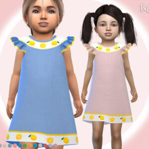 Deux avatars Sims 4 en robes enfant à motifs agrumes