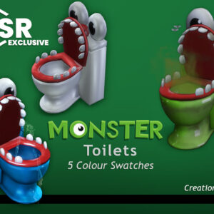 Toilettes monstres colorées pour Sims 4, 5 variantes.