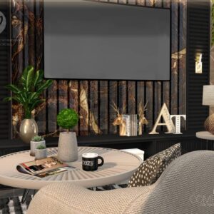 Salon moderne du jeu Sims 4 avec écran, plantes et décorations élégantes