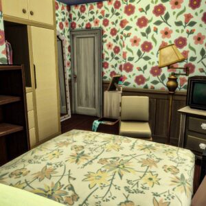 Chambre vintage du jeu *Les Sims 4* avec lit et décor rétro