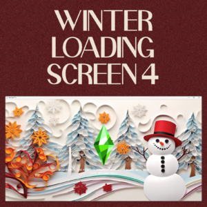 Écran de chargement hivernal des Sims 4 avec bonhomme de neige et décorations festives