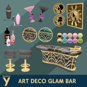 Bar glamour Art Déco pour *Les Sims 4* avec éléments décoratifs et meubles