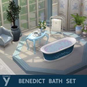 Ensemble de salle de bain élégant 'Benedict' pour *Les Sims 4* avec baignoire, meubles et plantes.