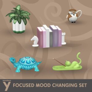 Ensemble d'ambiance pour concentration dans Les Sims 4 avec plante, livres, tortue, théière et personnage vert.