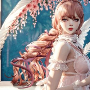 Illustration d'un personnage féminin du jeu *Les Sims 4* avec ailes d'ange, fleurs et robe légère